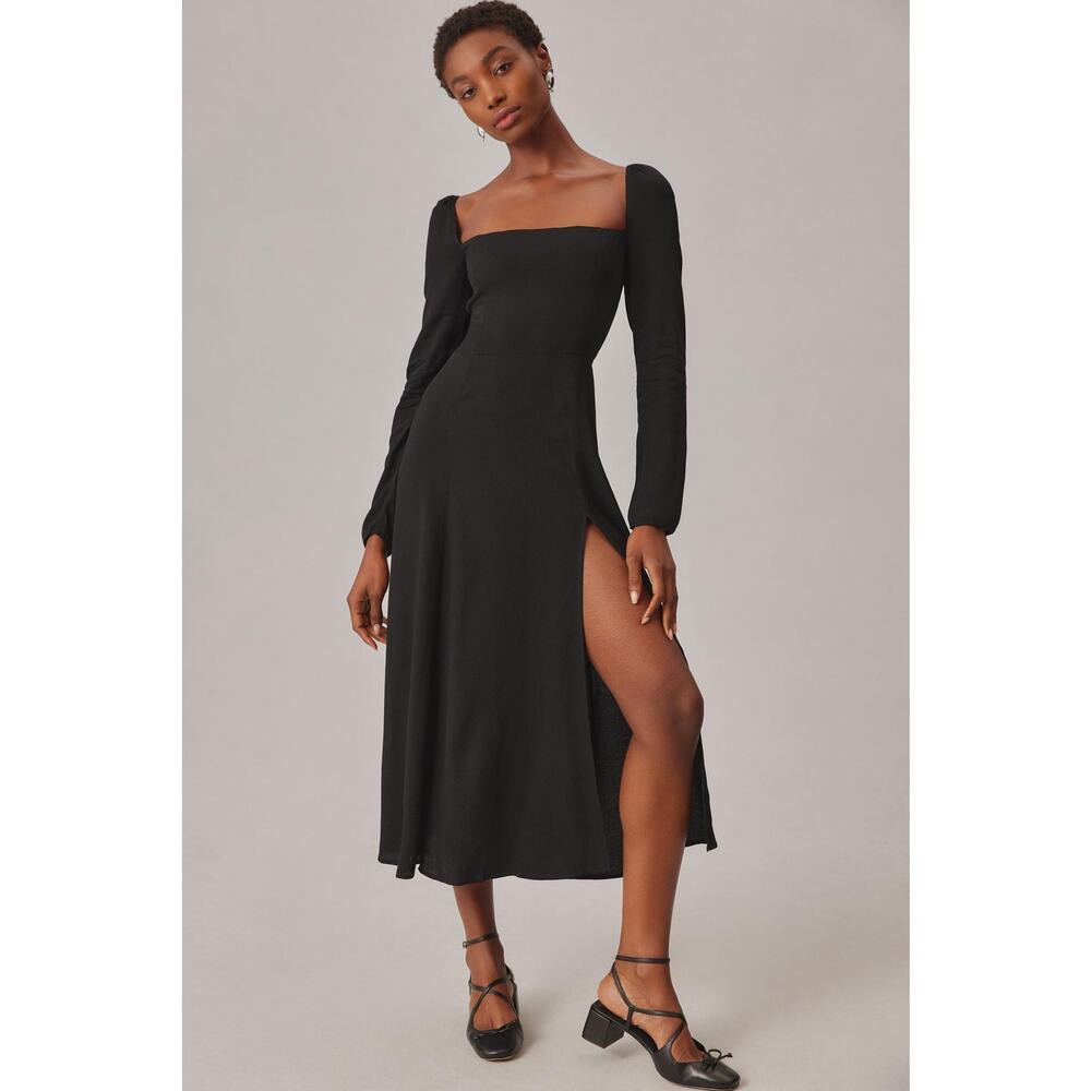Reformation Sigmund Dress Black High Front Slit Smocked Zip Long Sleeve Sz 12